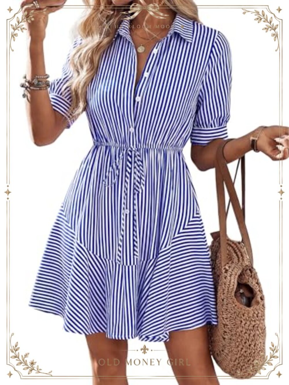 Striped Button Down Mini Dress Short Sleeve V Neck Tie Waist A Line